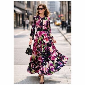 Annah Hariri Floral Maxi Dress Long Sleeve Modest Halal Size 10 button front